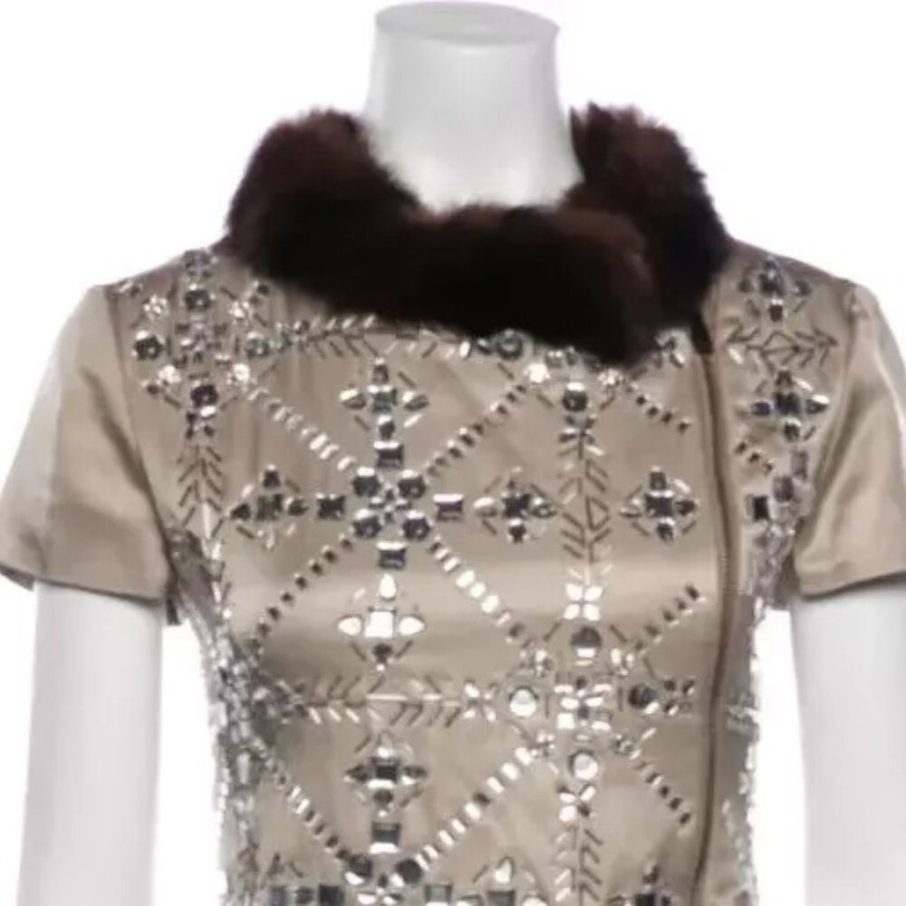 Moschino Couture Crystal Embellished Fur Trim Gold Zipper Dress USA 8 RHINESTONE - Picture 4 of 14